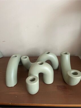 Wavy Sculptural Ceramic Candle Holder set in Soft Sage